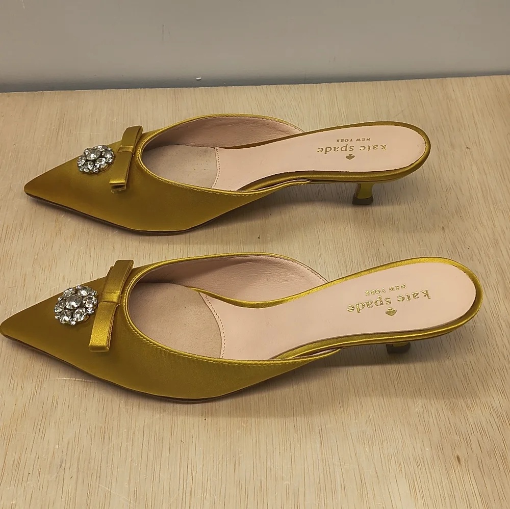 Kate Spade Darlene Yellow Satin Bow Jewel Pointed Toe Kitten Heel Mules Size 8 - Picture 8 of 12
